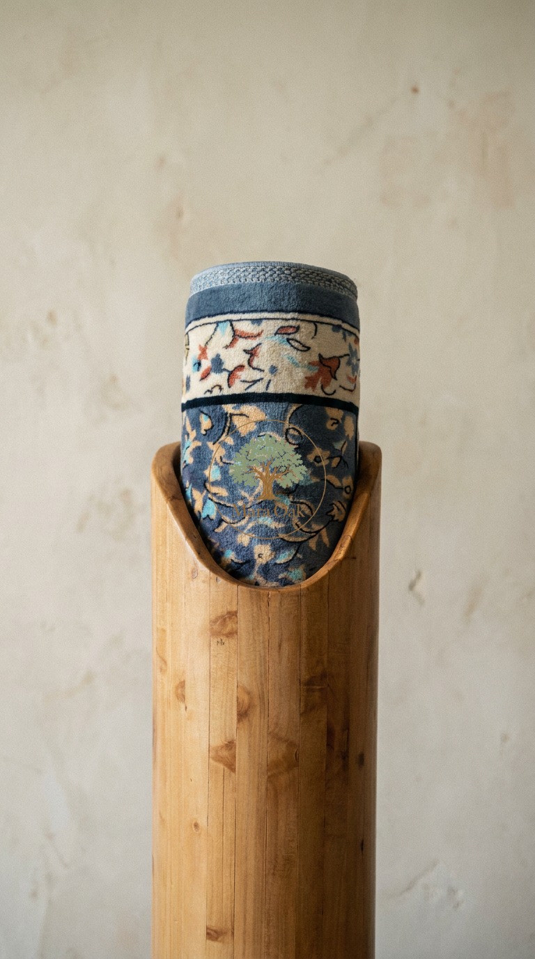 Mara Oak oakwood holder with a rolled prayer mat in a naturally lit interior